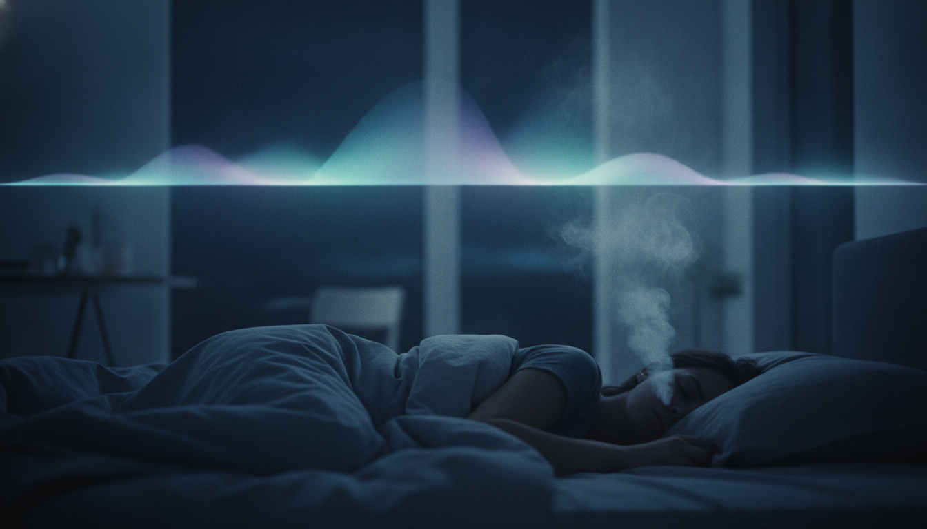 A person breathing calmly in bed, breath visible in the cool night air