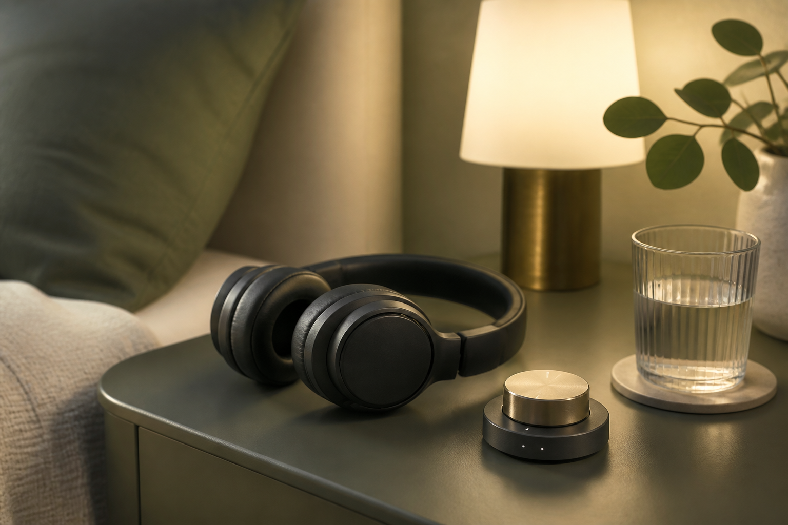 Headphones beside a low-set volume control on a calm bedside table