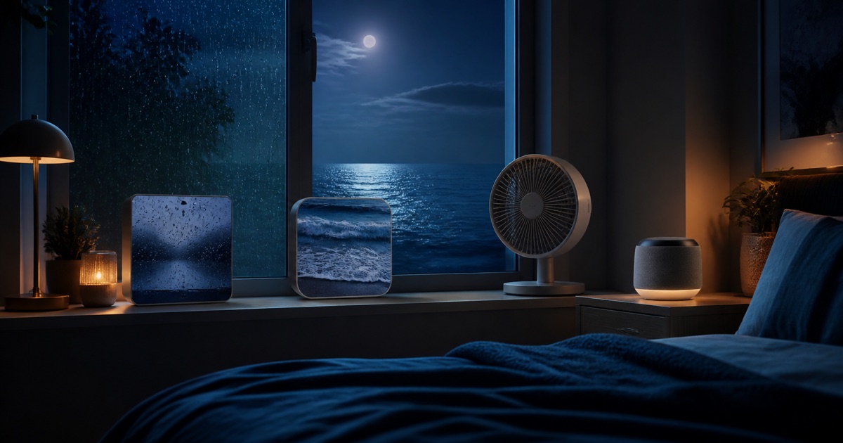 Rain, ocean, fan, and speaker sound choices arranged in a calm moonlit bedroom