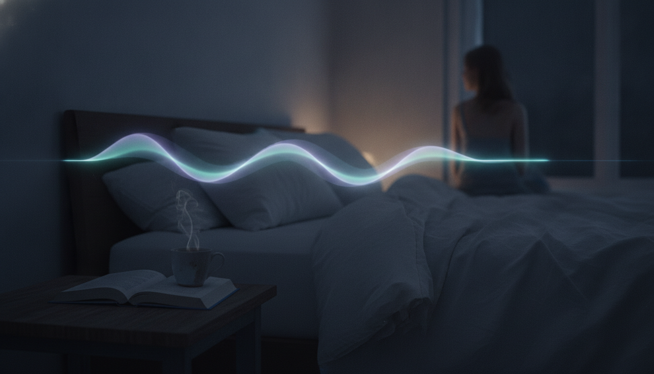 A calm bedtime routine scene with a book, tea, and a softly lit bed