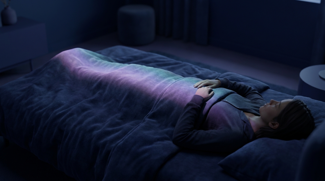 A person lying in a dim room with soft light moving along the body