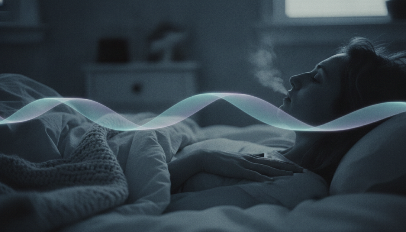 A person resting in bed with a hand on their chest, breath visible as mist