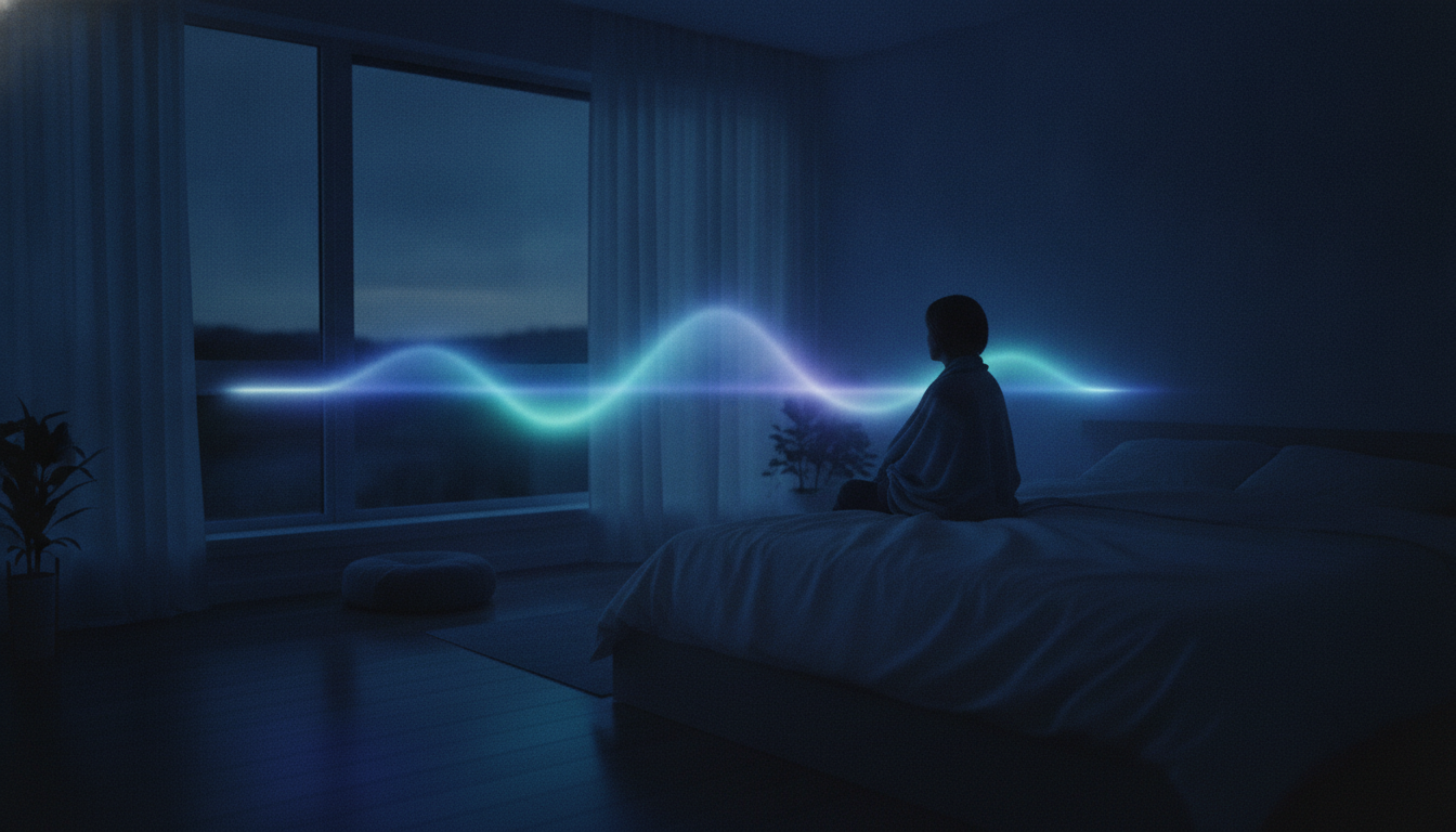 A dark, still bedroom lit only by moonlight and a soft glowing light ribbon