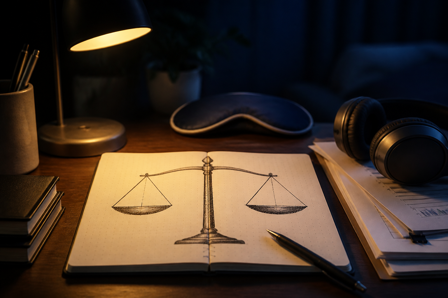 A balanced evidence scale sketched in a notebook beside headphones and research papers