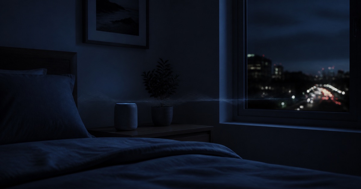 A bedside speaker sending soft waves across a quiet dark bedroom