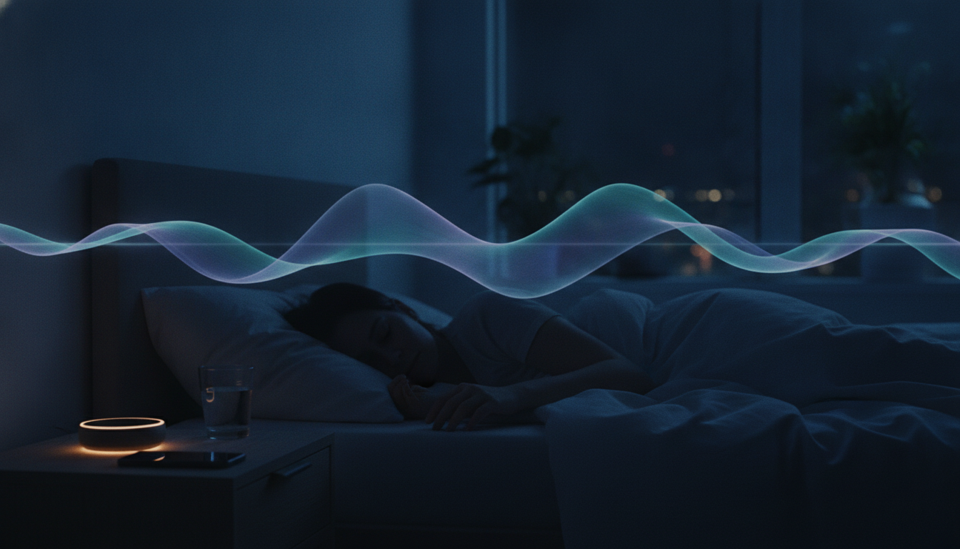 A nightstand with a phone glowing softly beside a sleeping person