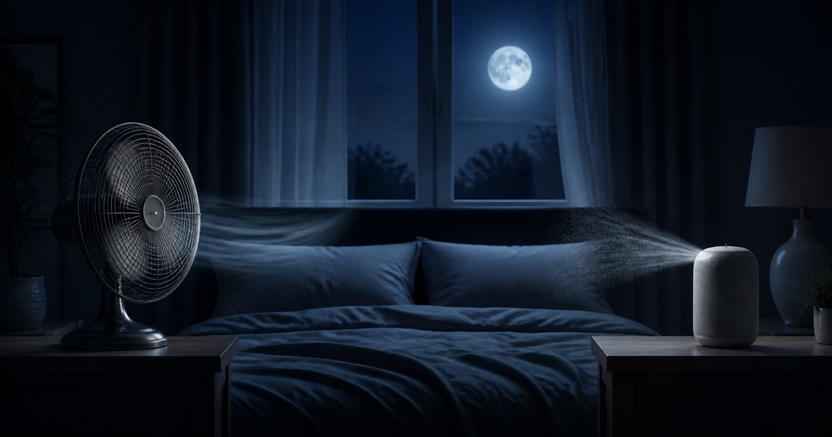 A quiet bedside fan and a compact white-noise speaker in the same dark bedroom