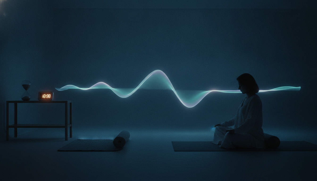 A softly lit clock beside a Yoga Nidra meditation mat