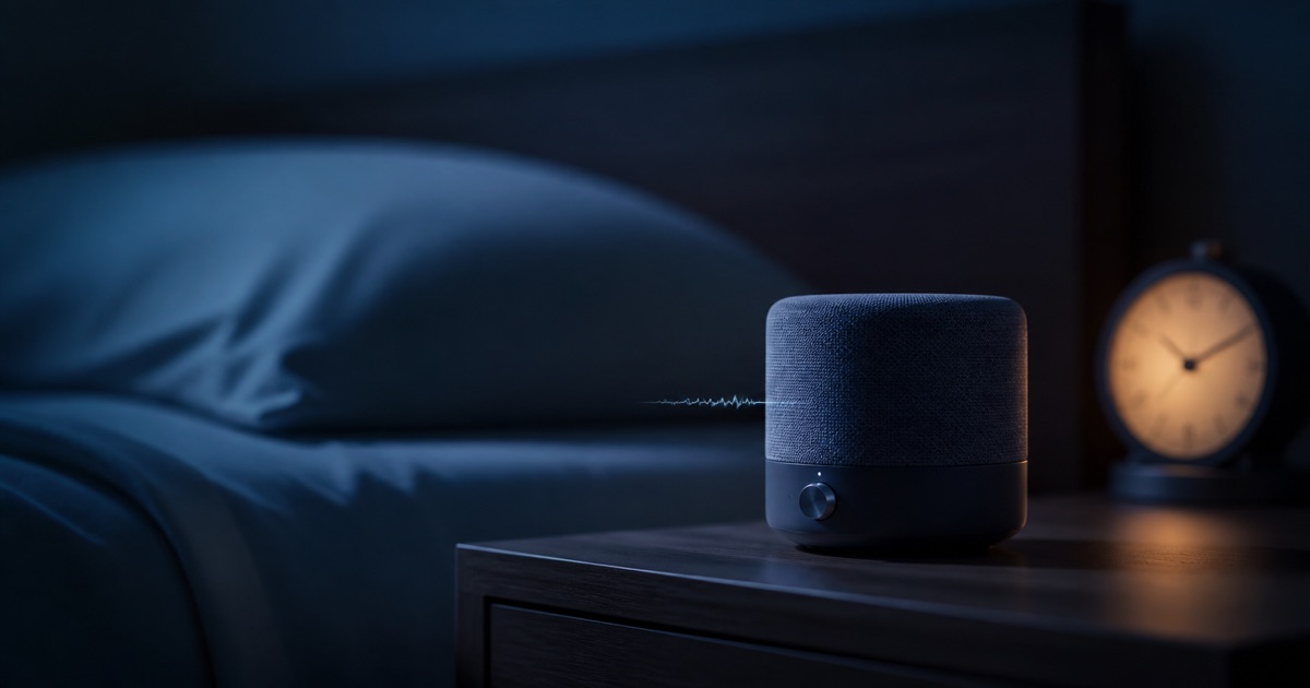 A low-volume bedside speaker beside a softly lit clock in a quiet bedroom