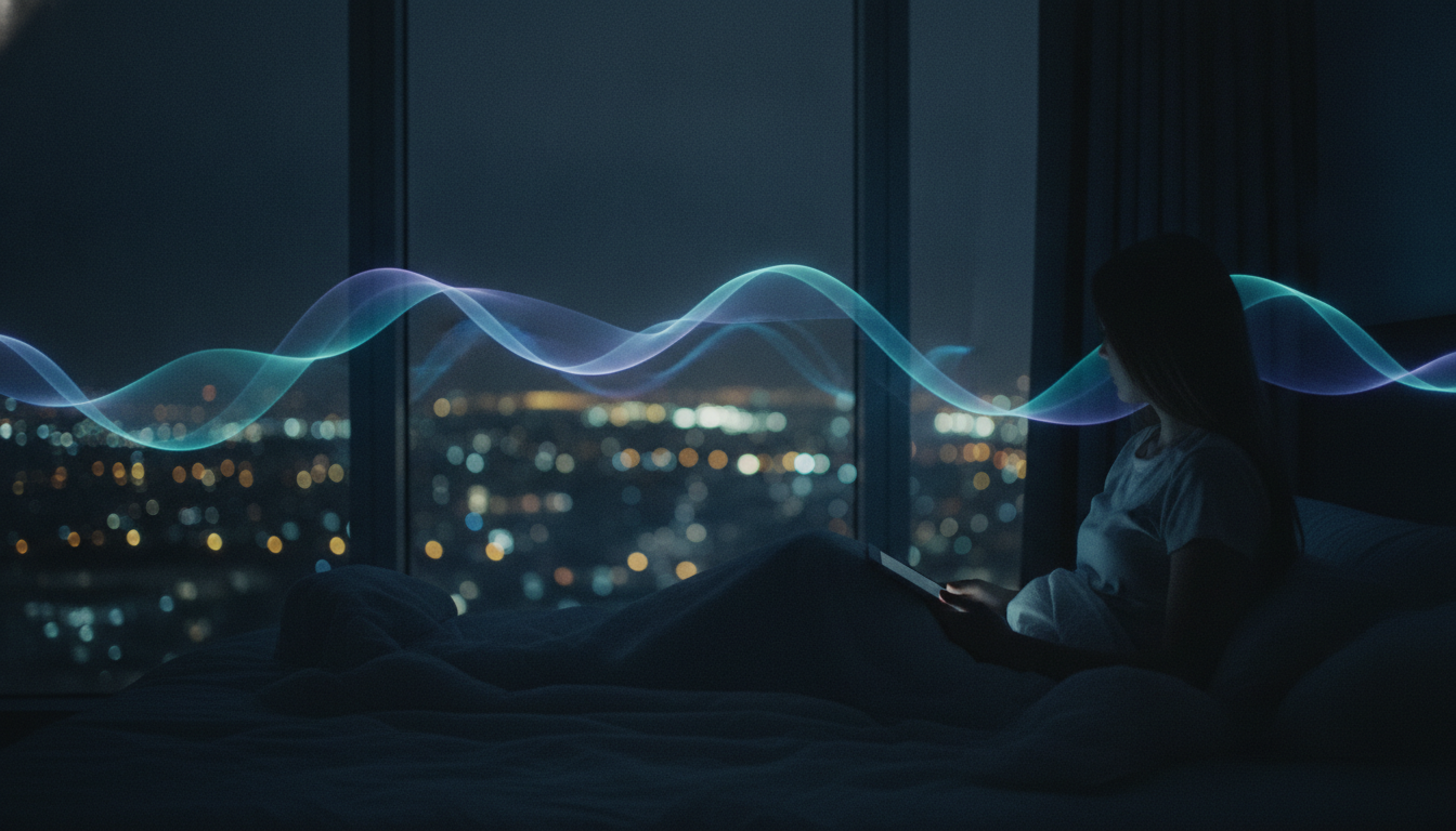 A person sitting up slightly in bed at night with city lights in the window