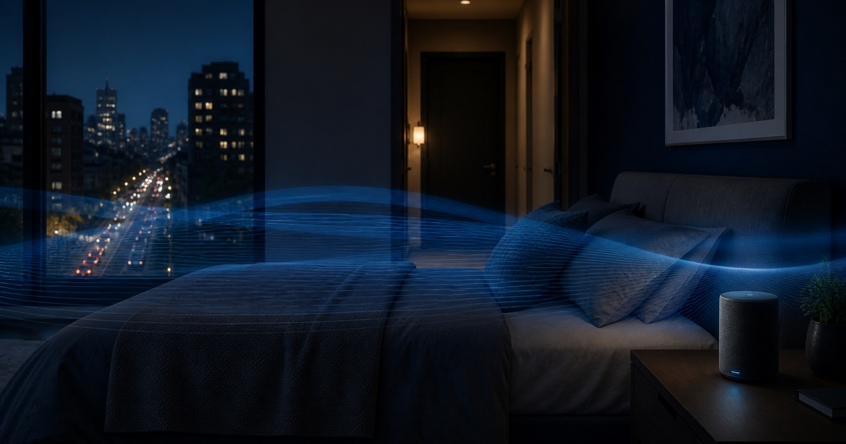 A steady bedside sound field softening distant traffic and hallway noise