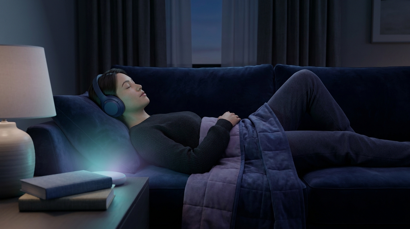 A person lying down with eyes closed following a guided relaxation session