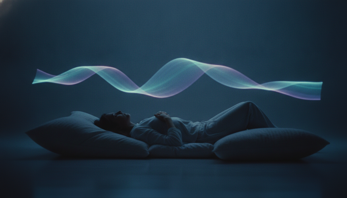 A person lying down with a hand on their chest during an NSDR session