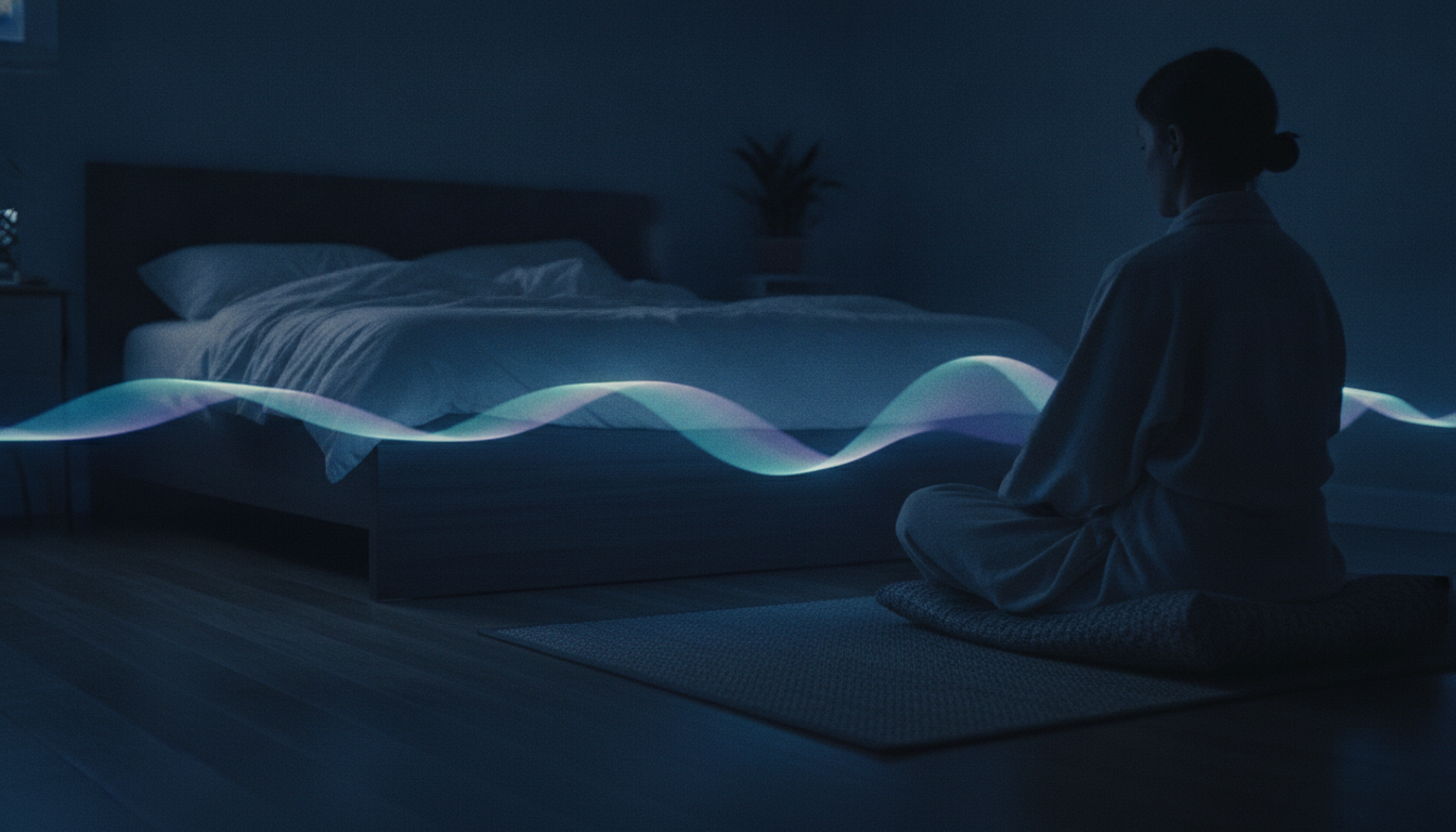 A meditation mat in the foreground with a shadowed bed in the background