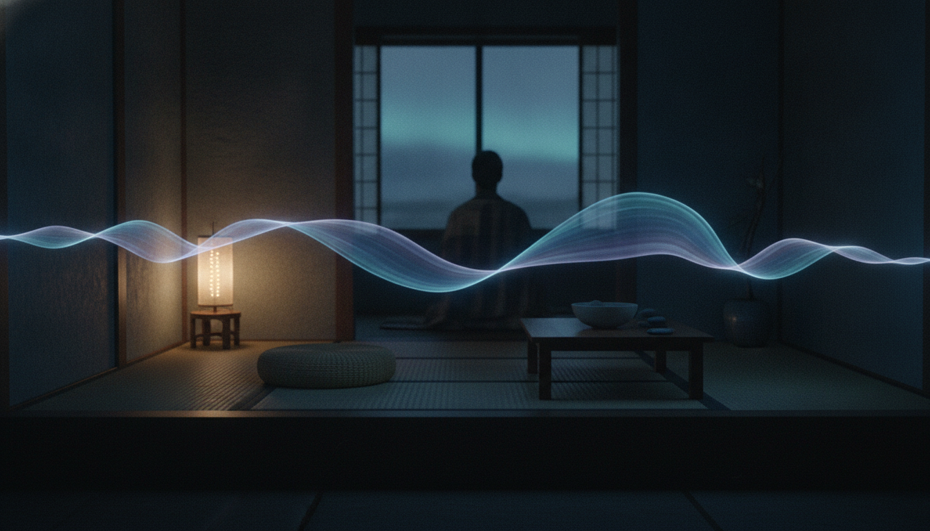 A person seated in a traditional meditation room at dusk