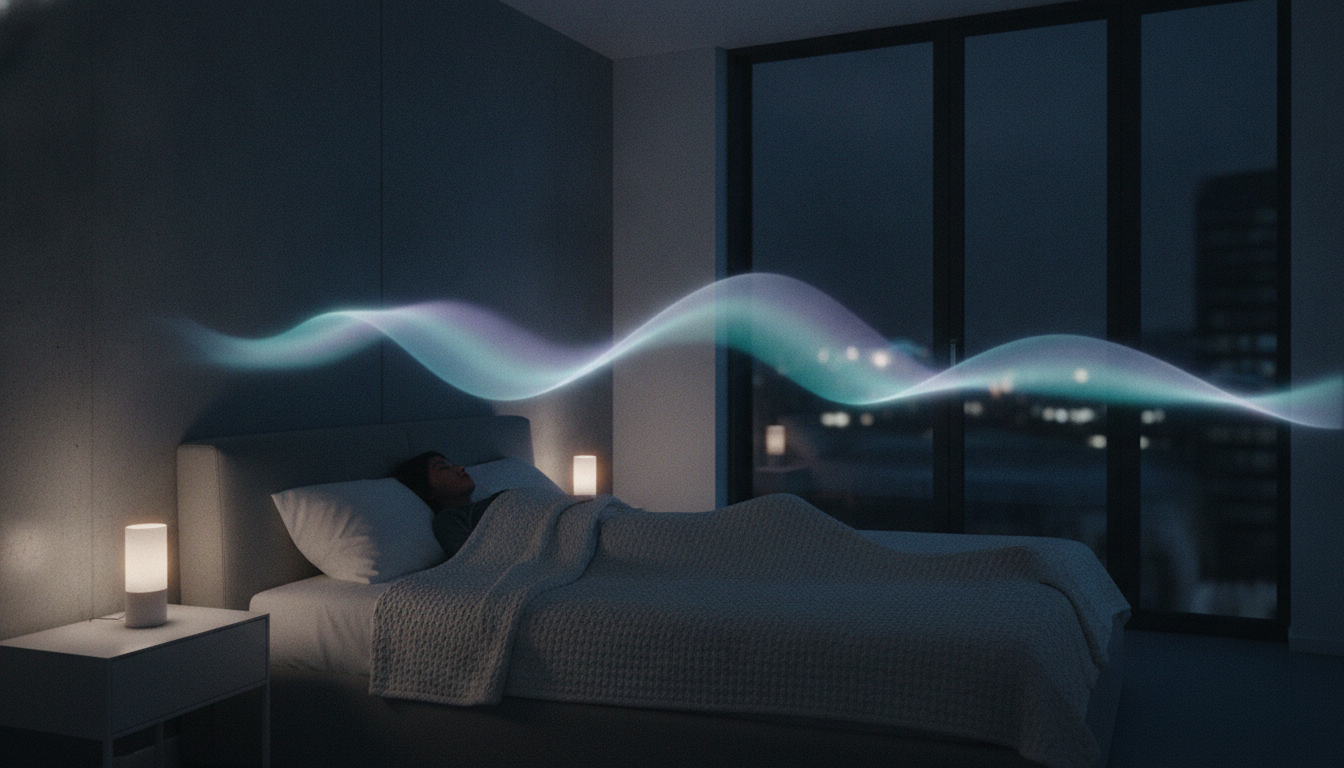 A person resting under a blanket in a calm, dimly lit bedroom