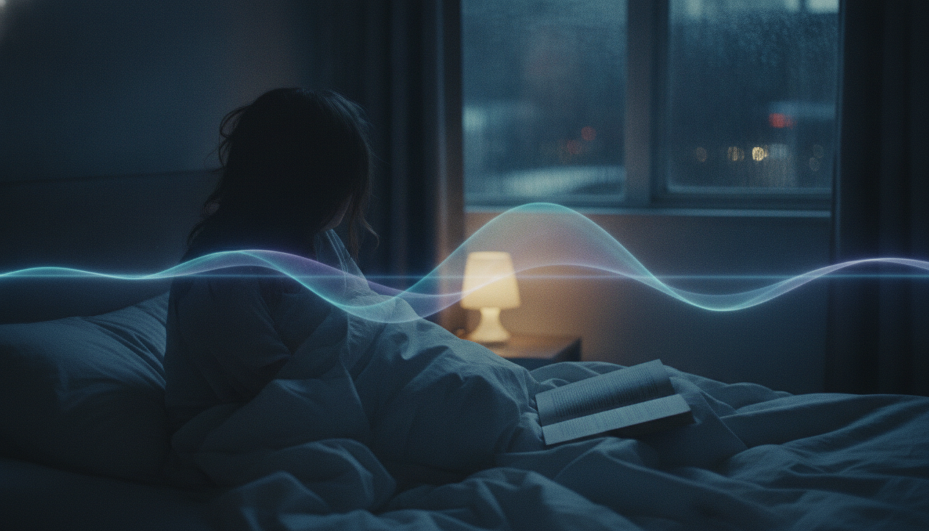 A person curled comfortably under blankets in warm lamp light