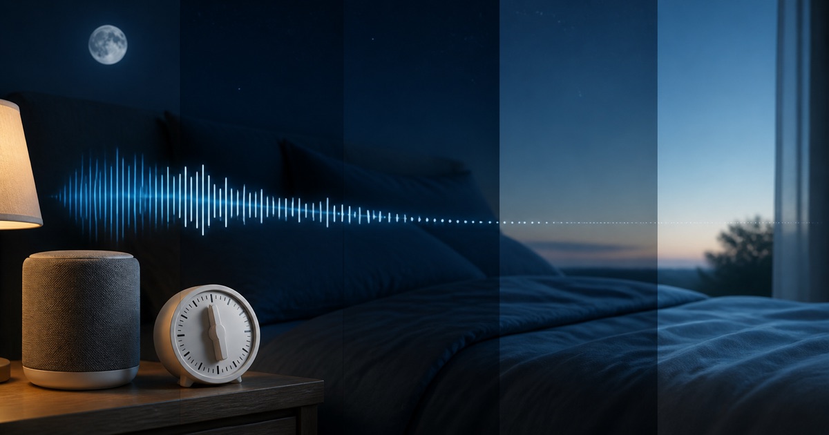A bedside speaker and analog timer as a sound wave fades toward dawn