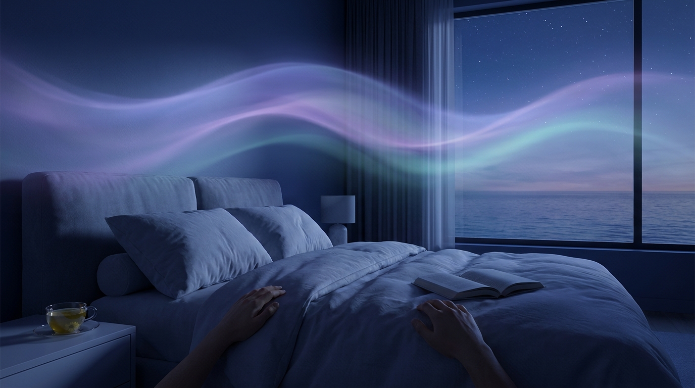 A calm, dimly lit bedroom at night with soft waves of light, suggesting a settling mind