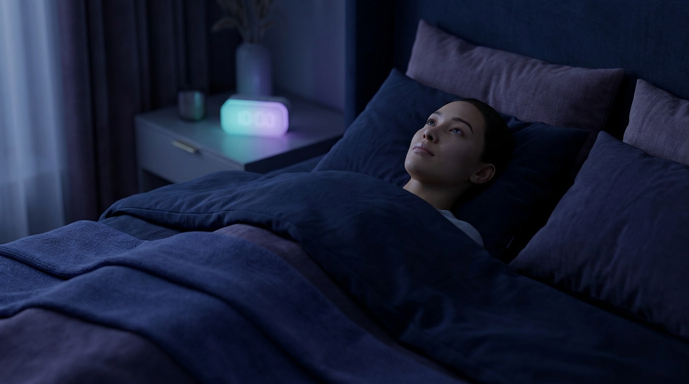 A person lying awake in bed at night, calm but unable to sleep