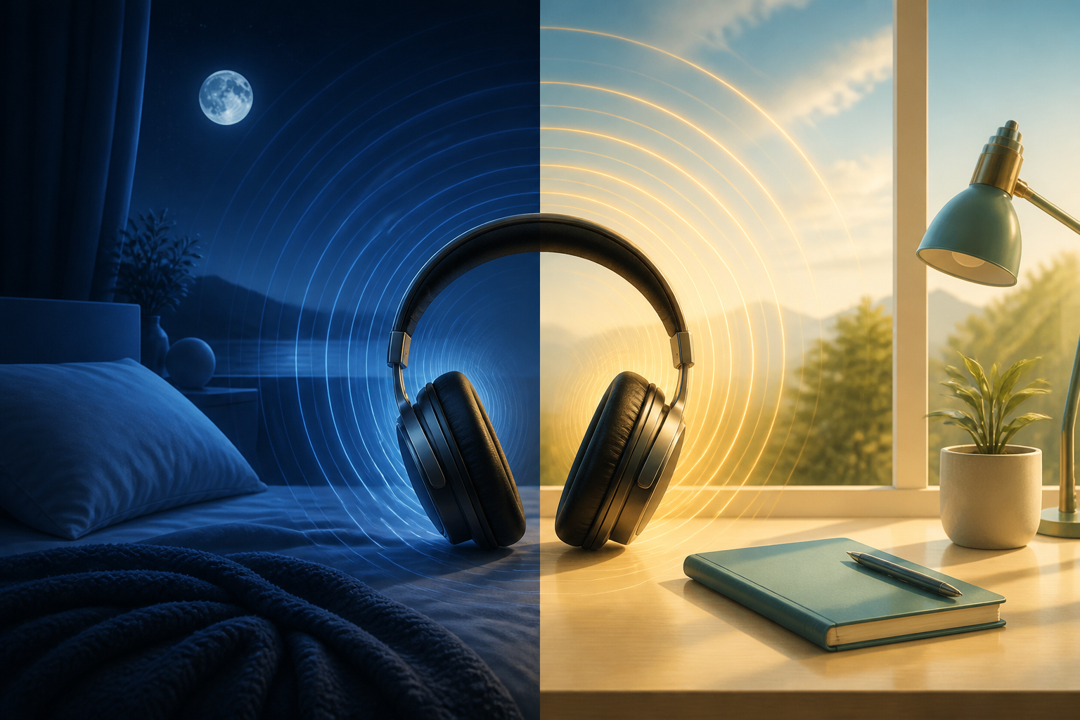 Headphones bridging a moonlit sleep scene and a sunlit focus workspace