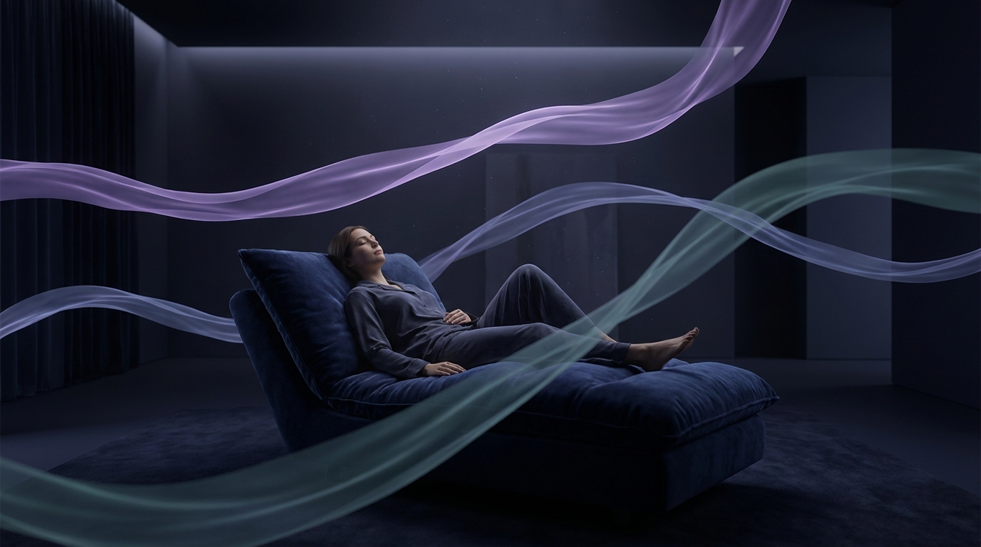 A person reclining in deep rest while awake, with soft waves of calm light
