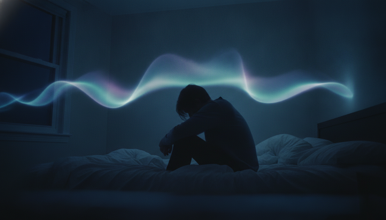 A person sitting on the edge of a bed at night with a tense posture