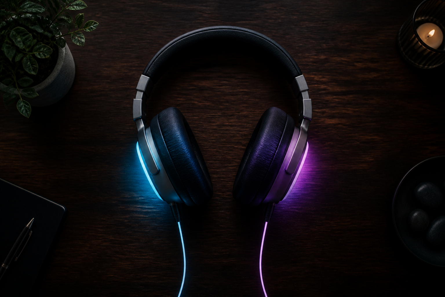 Over-ear headphones with separate cyan and violet light paths for the left and right channels