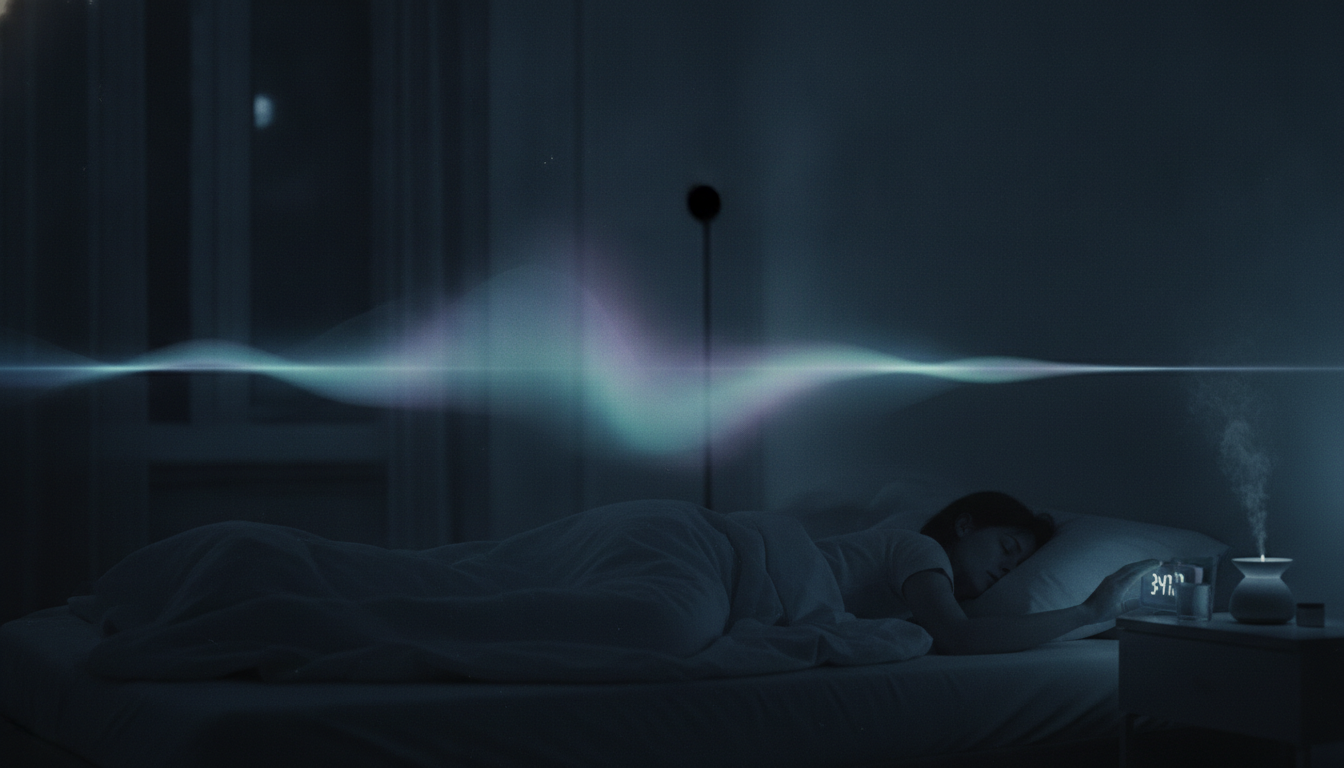 A person stirring awake in bed beside a glowing clock at night