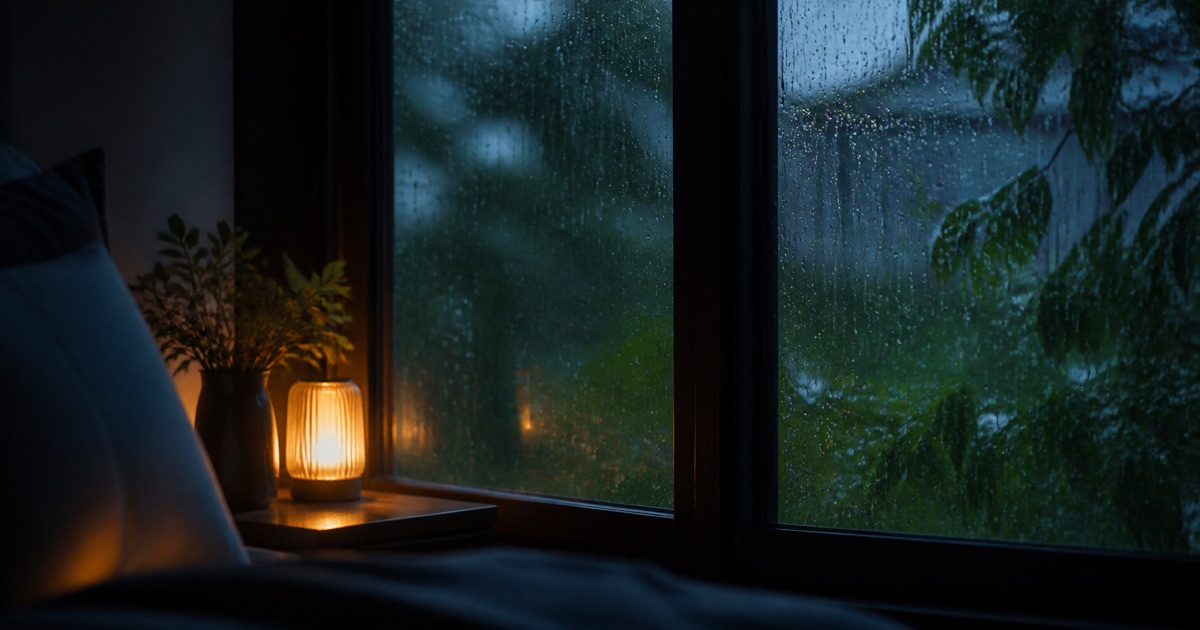 Gentle rain tracing a dark bedroom window beside a softly glowing speaker
