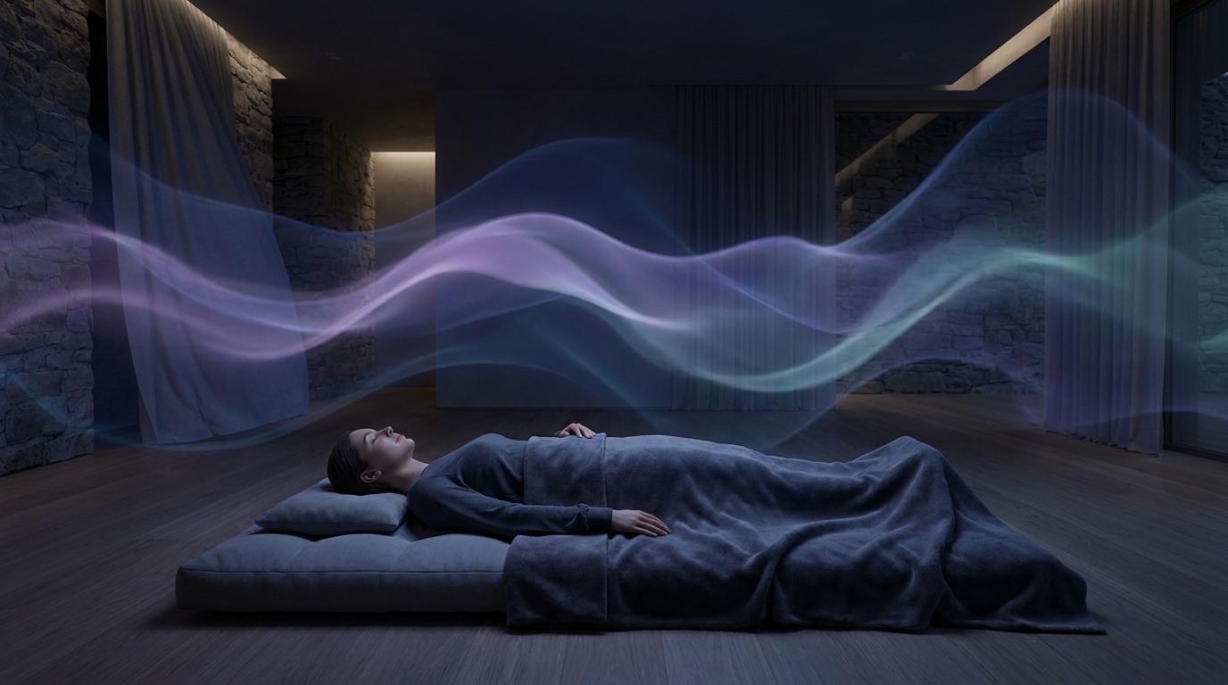 A person lying in deep relaxation practicing Yoga Nidra