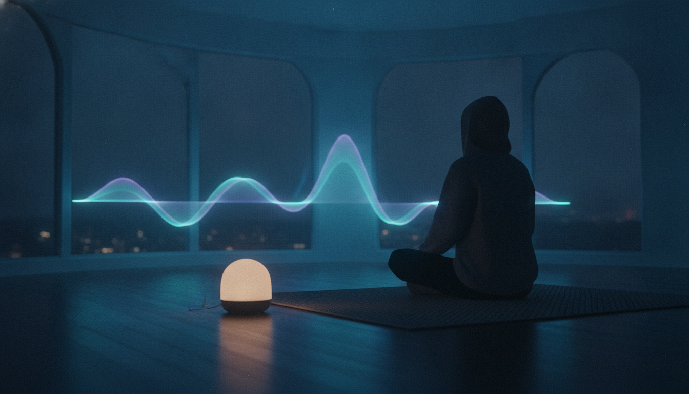 A meditation studio with a soft light beside a mat, suggesting a guided voice